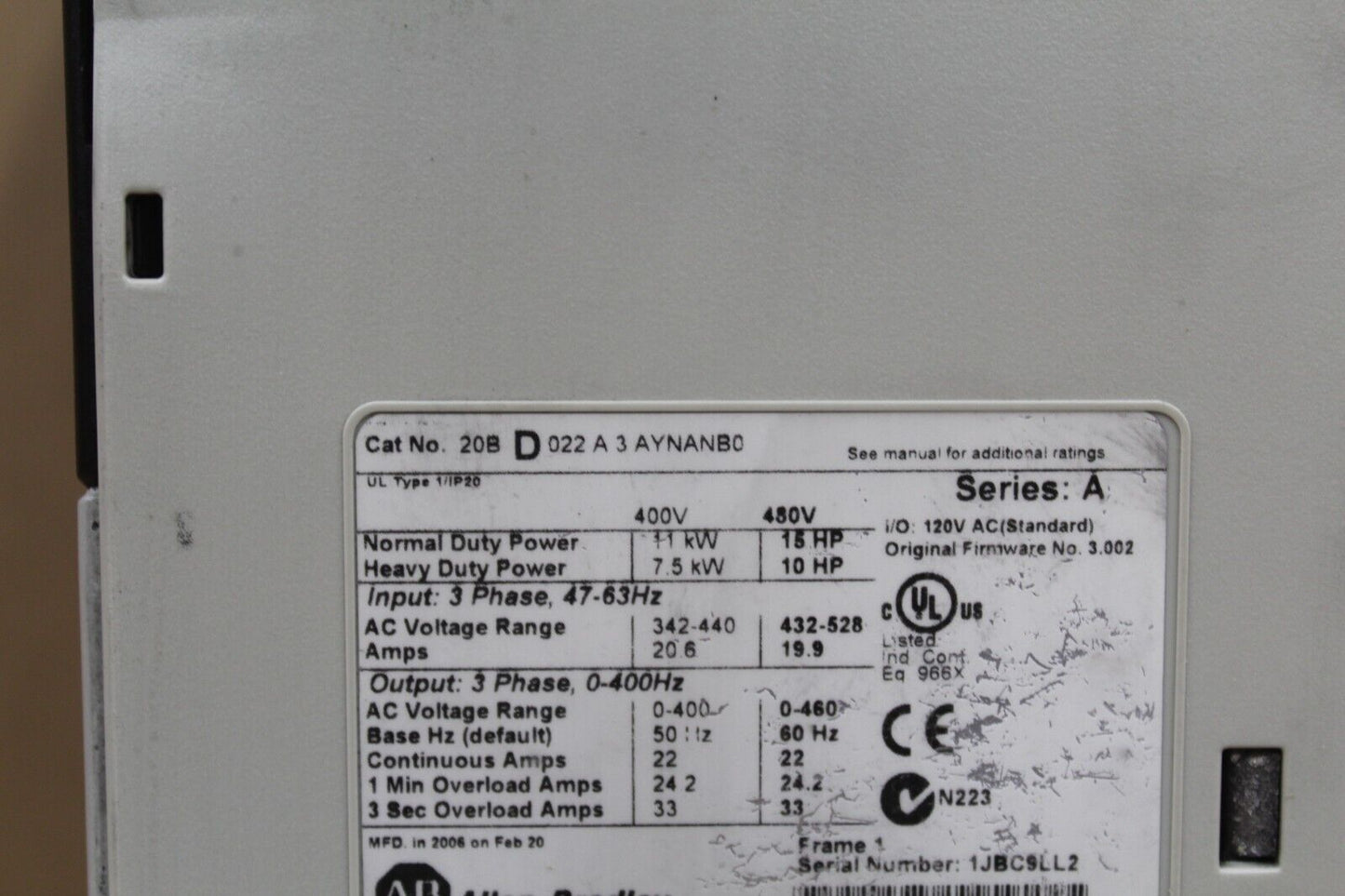 Allen Bradley 20BD022A3AYNANB0 PowerFlex 700