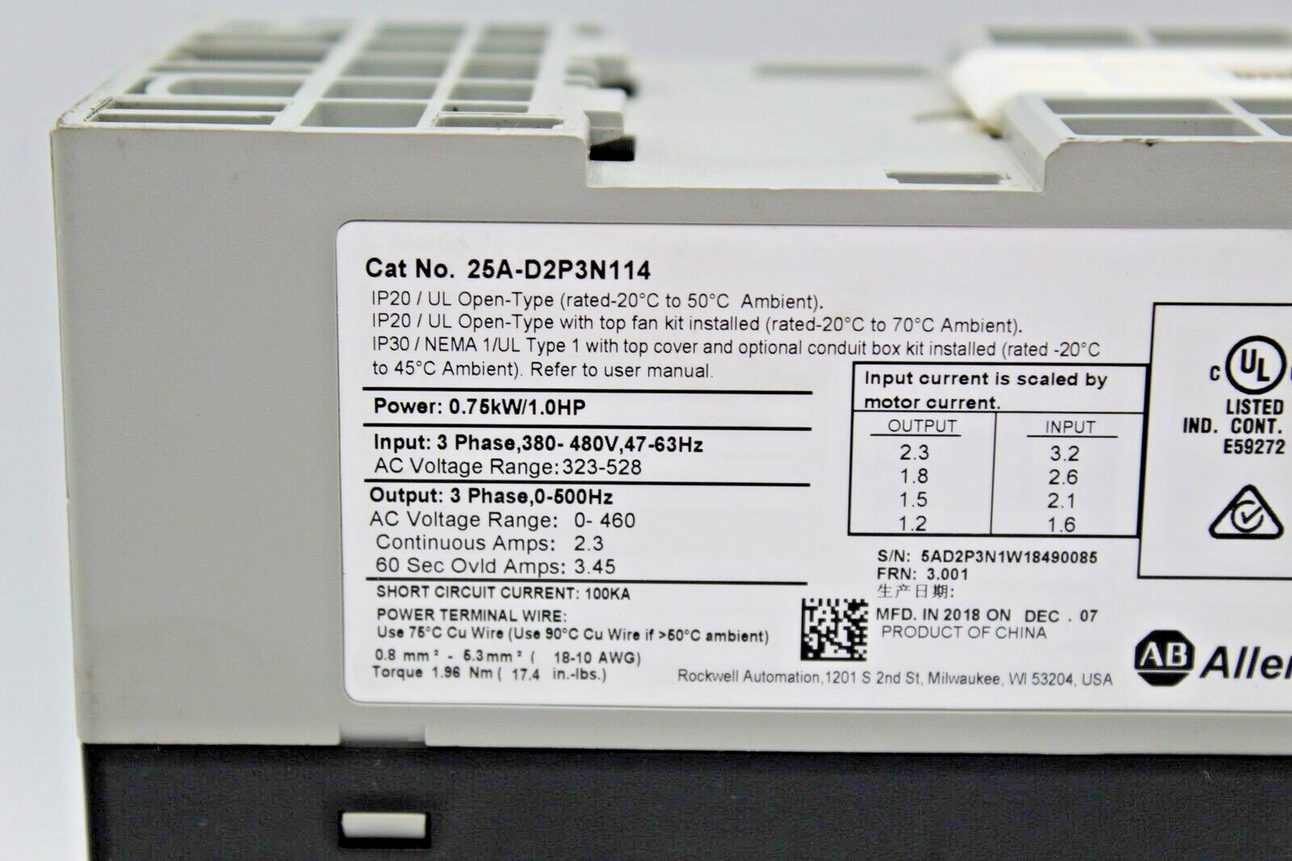 Allen-Bradley 25A-D2P3N114 Powerflex 525 AC Drive