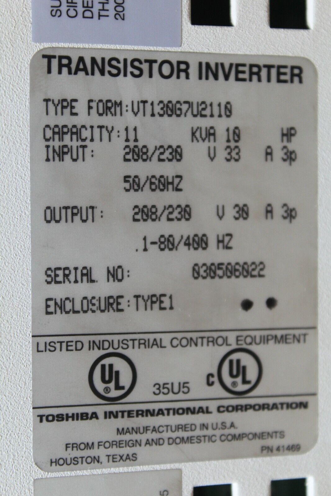 TOSHIBA VT130G7U2110 TRANSISTER INVERTER
