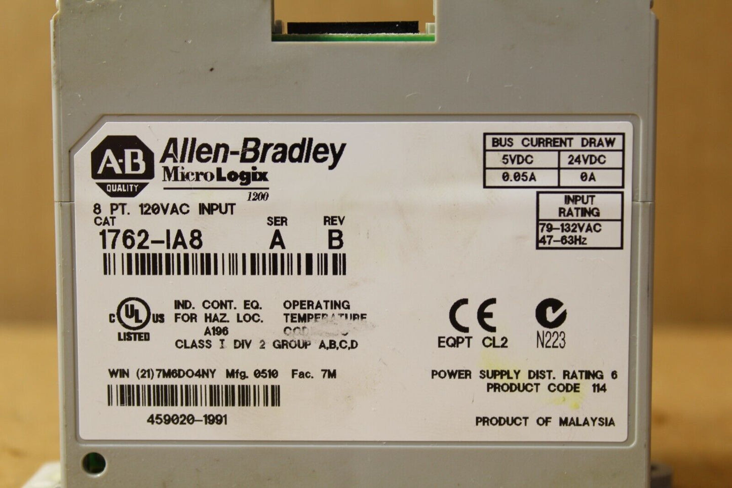 Allen-Bradley 1762-IA8 MicroLogix 8Pt. 120VAC Input Module (No Door)
