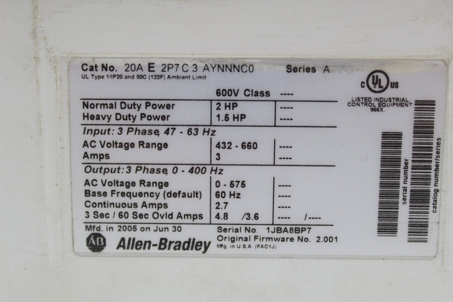 ALLEN BRADLEY 20AE2P7C3AYNNNC0 POWERFLEX 70
