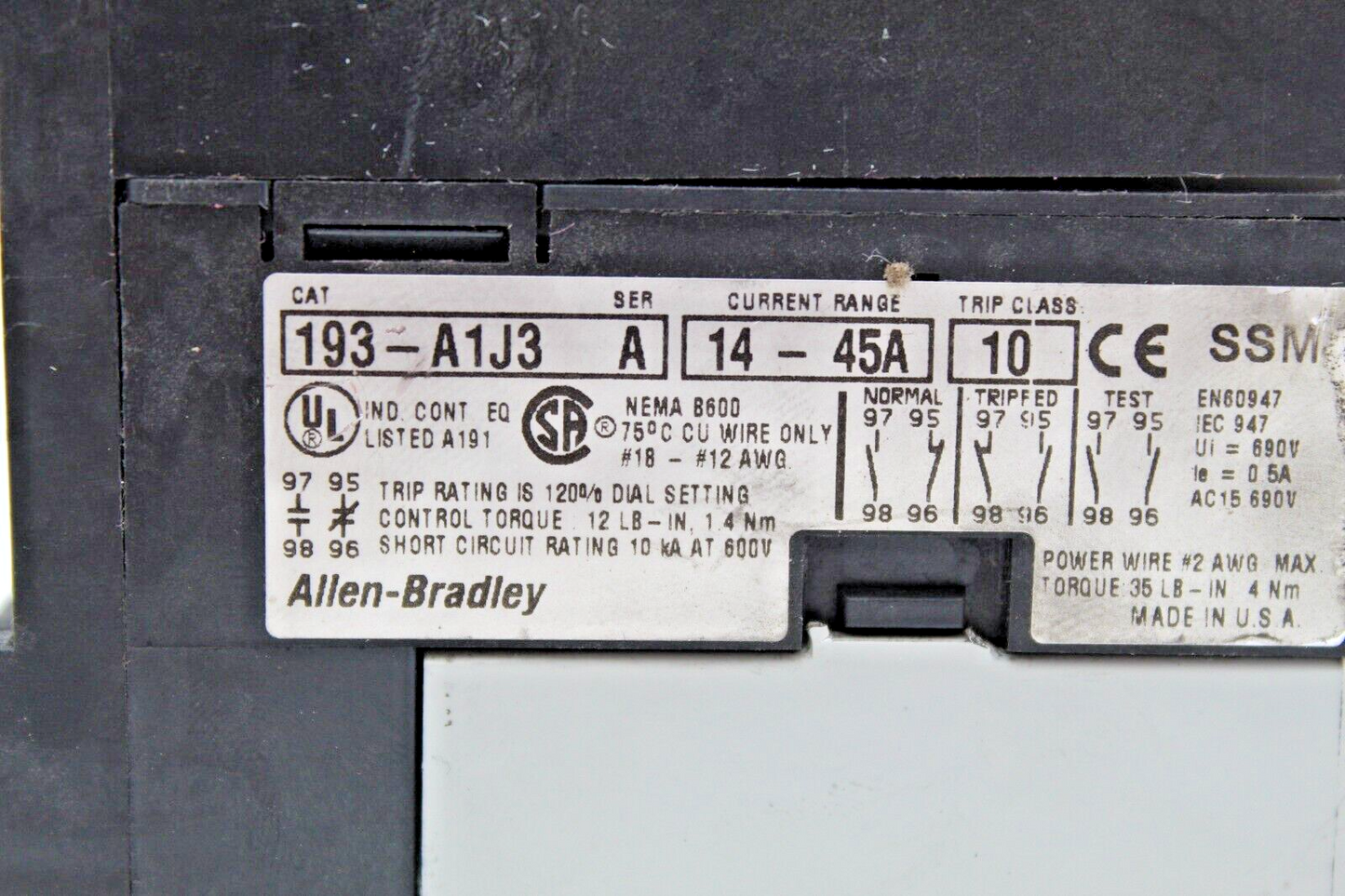 Allen-Bradley 592P-A1JC Overload Relay 193-A1J3