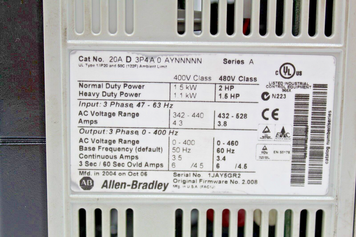 Allen-Bradley 20AD3P4A0AYNNNNN Powerflex 70 AC Drive