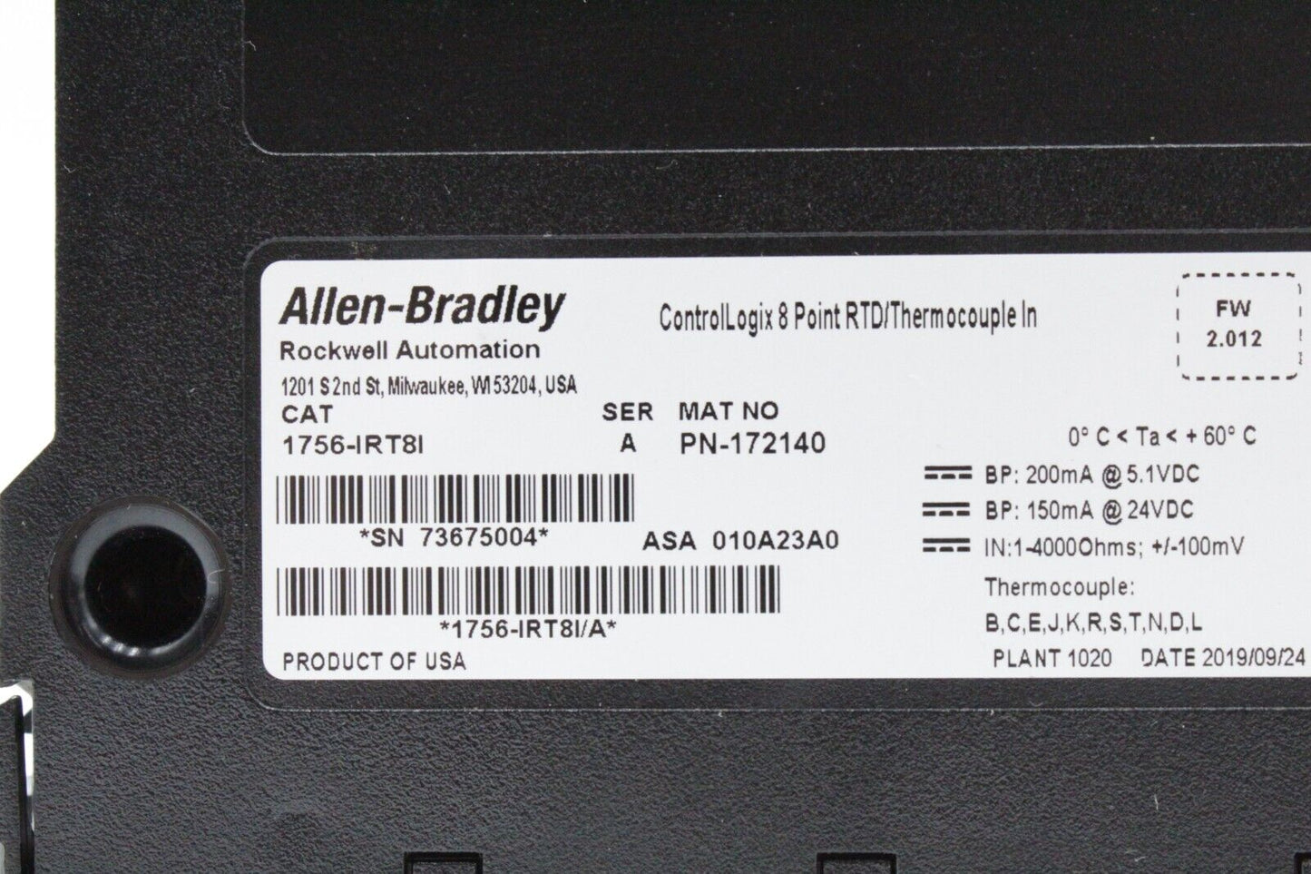 Allen-Bradley 1756-IRT8I ControlLogix 8 Pt. RTD/Thermocouple Input Module