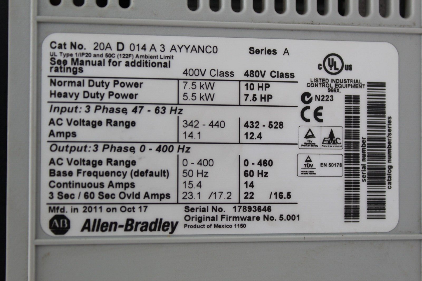 Allen Bradley 20AD014A3AYYANC0 Powerflex 70