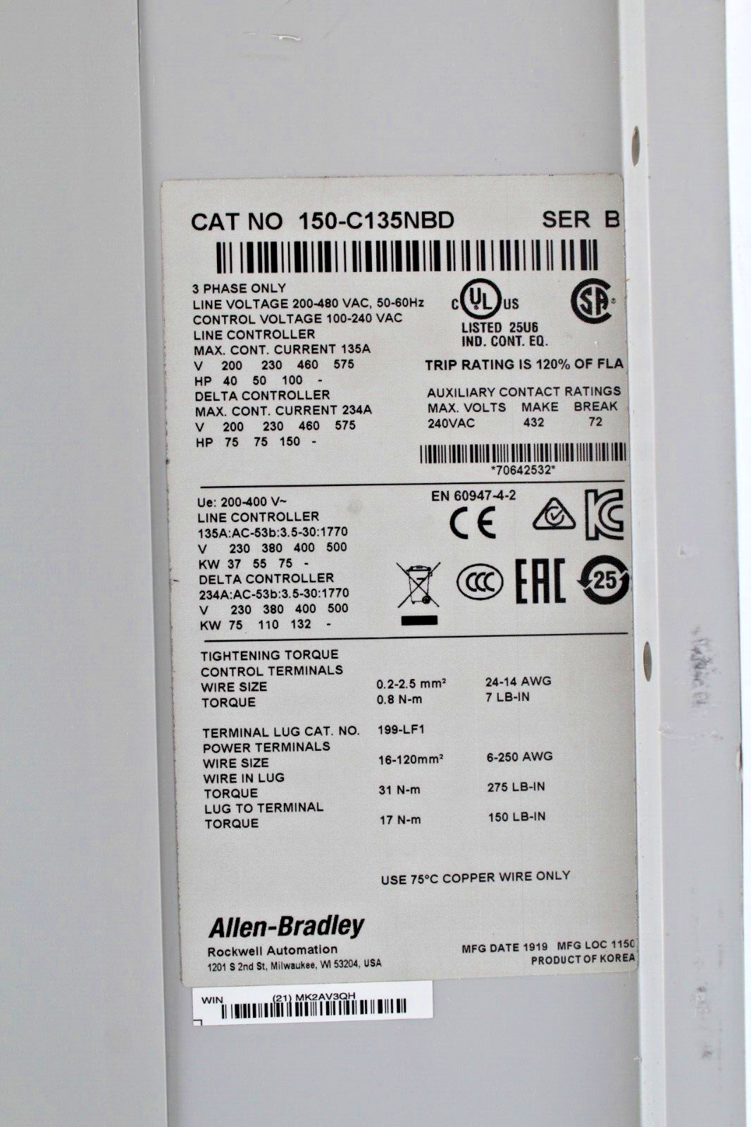Allen-Bradley 150-C135NBD 3-Phase Smart Motor Line Controller