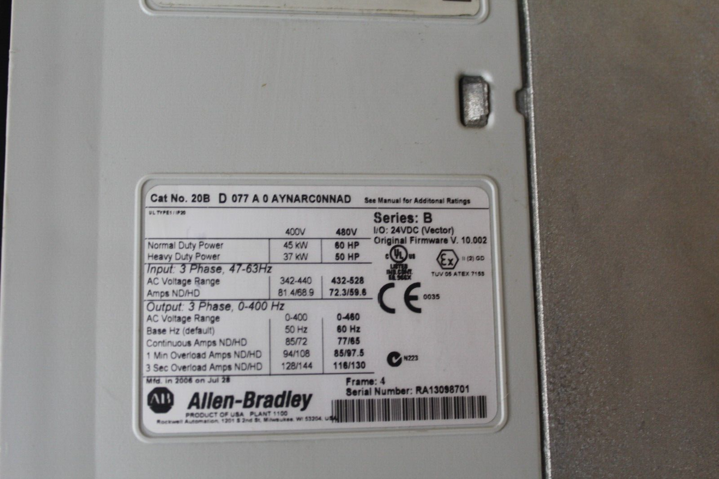 Allen Bradley 20BD077A0AYNARC0NNAD PowerFlex 700