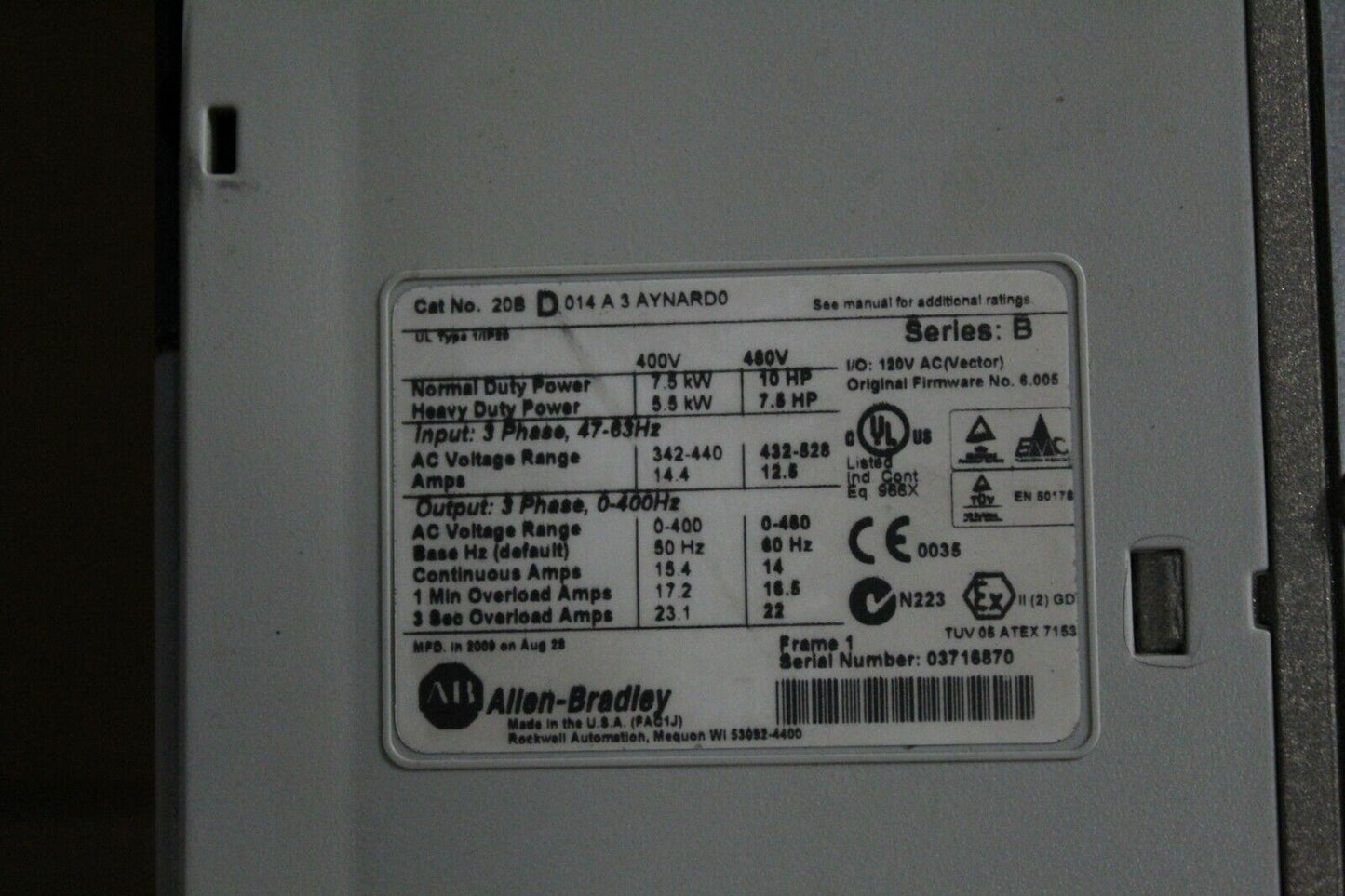 Allen Bradley 20BD014A3AYNARD0 PowerFlex 700 Ser. B