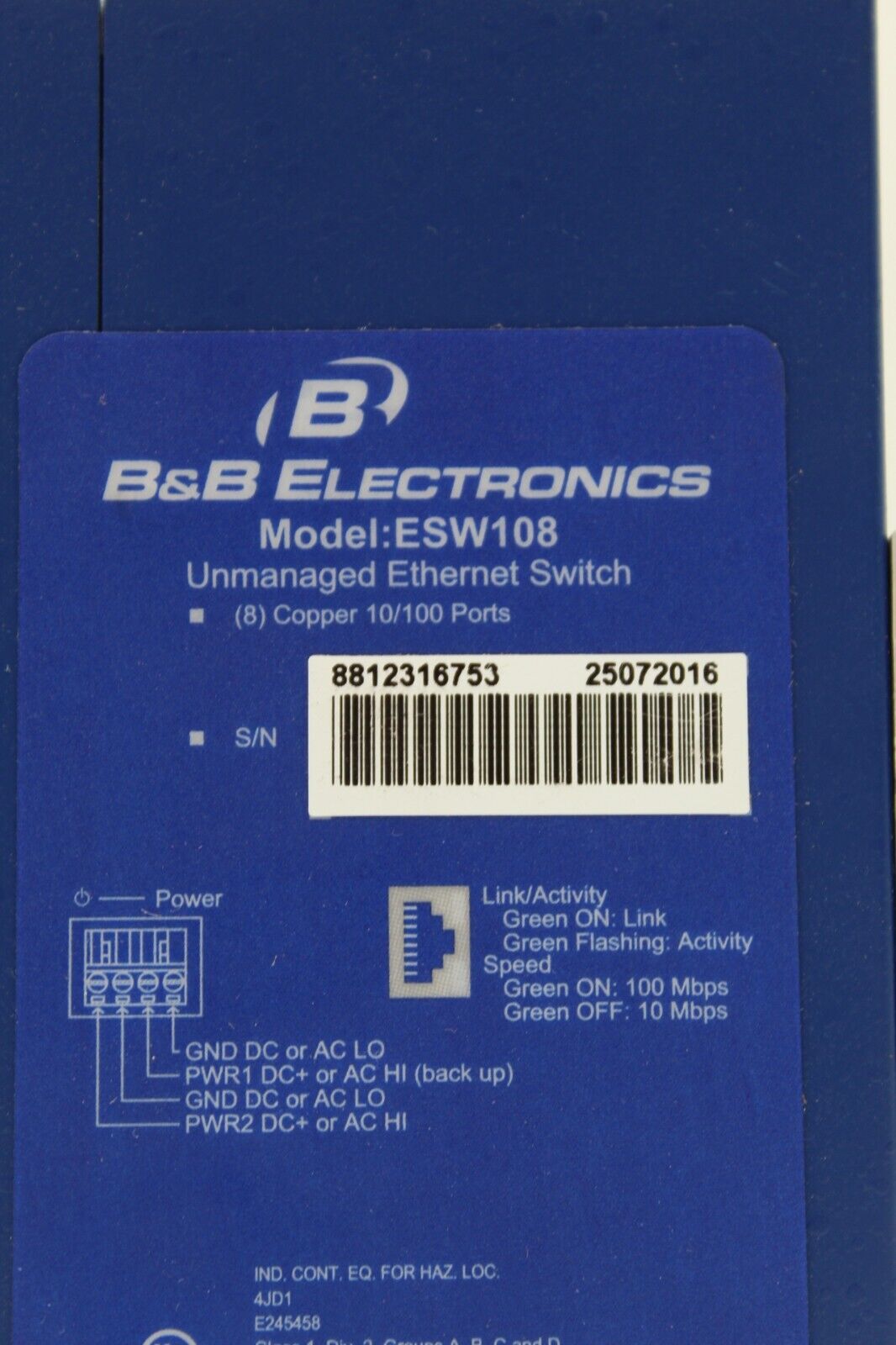 B&B Electronics ESW108 8-Port Unmanaged Ethernet Switch