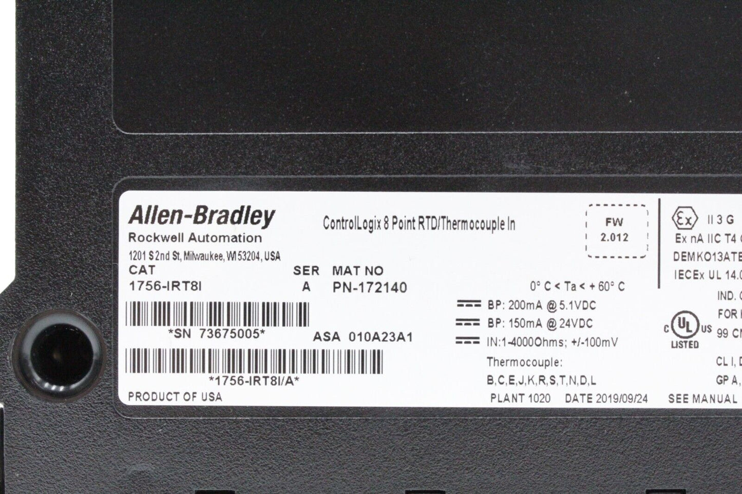 Allen-Bradley 1756-IRT8I ControlLogix 8 Pt. RTD/Thermocouple In Module