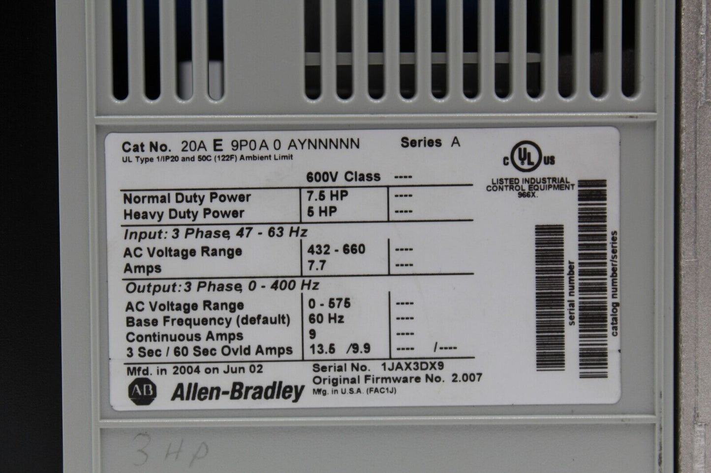 Allen-Bradley 20AE9P0A0AYNNNNN PowerFlex 70 Adjustable Frequency Drive