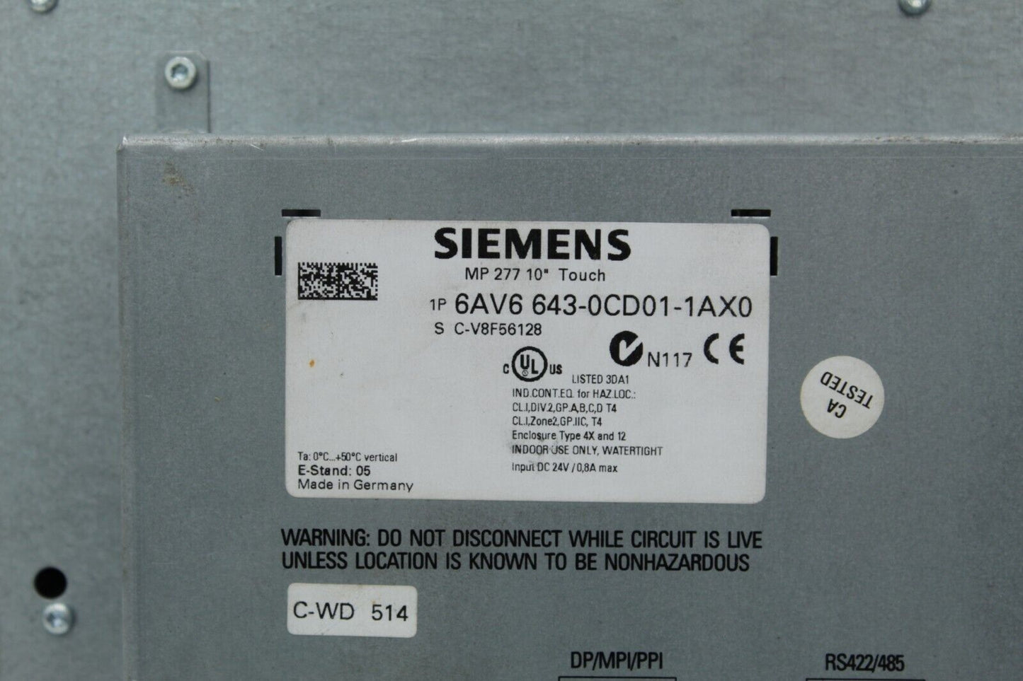 Siemens 6AV6 643-0CD01-1AX0 10.4" Operator Interface Panel
