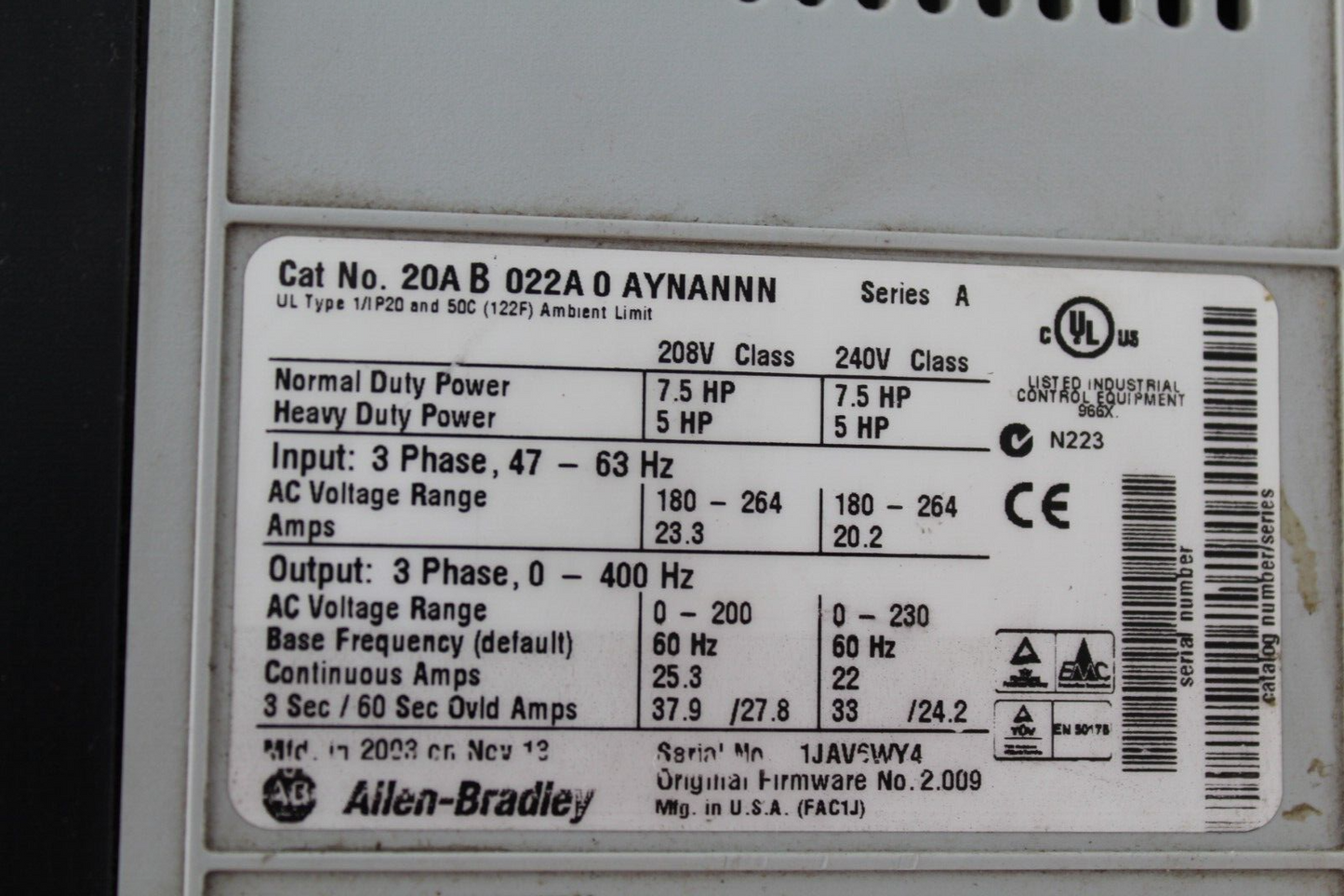 Allen-Bradley 20AB022A0AYNANNN Powerflex 70