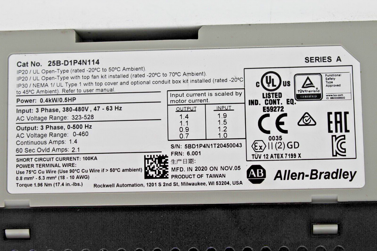 Allen-Bradley 25B-D1P4N114 Powerflex 525 Adjustable Frequency Drive