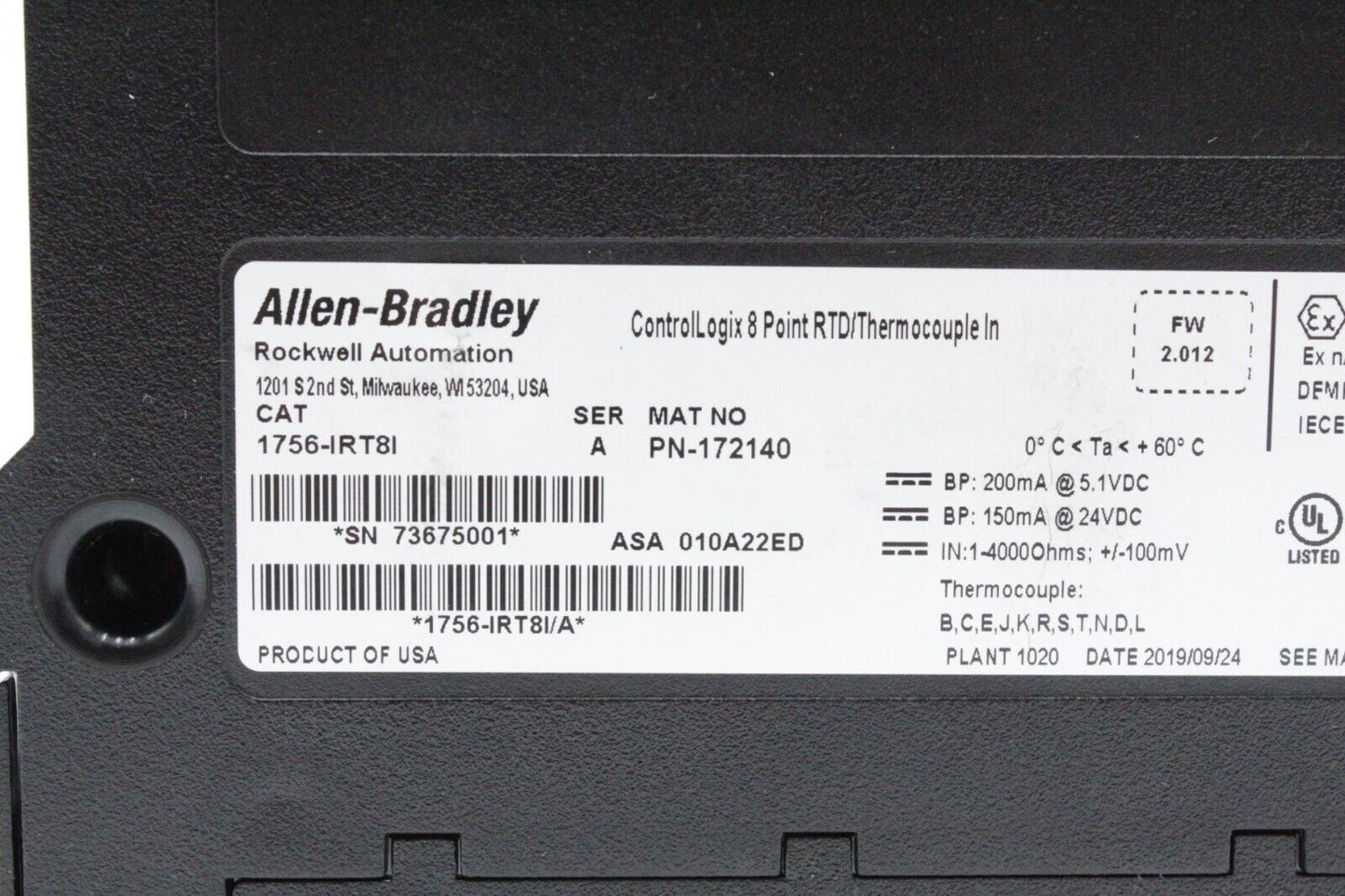 Allen-Bradley 1756-IRT8I ControlLogix 8 Pt. RTD/Thermocouple In Module (No Door)