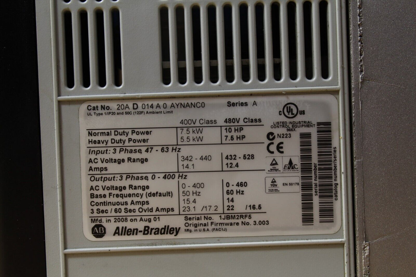 Allen-Bradley 20AD014A0AYNANC0 Powerflex 70 AC Drive