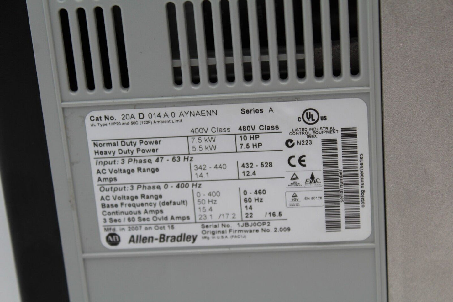 Allen-Bradley 20AD014A0AYNAENN PowerFlex 70 AC Drive