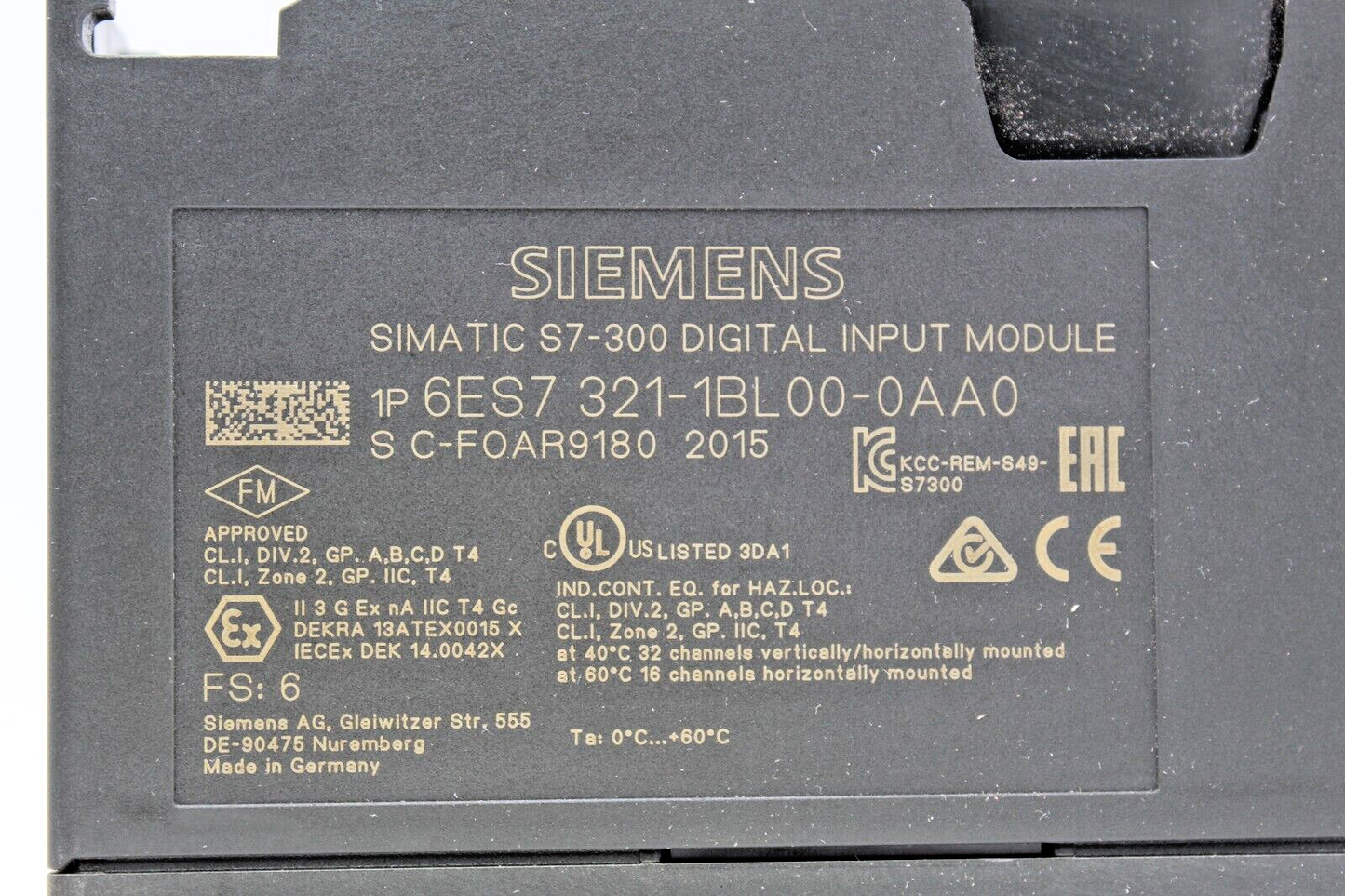 Siemens 6ES7 321-1BL00-0AA0 Simatic S7-300 Digital Input Module (No Cover)