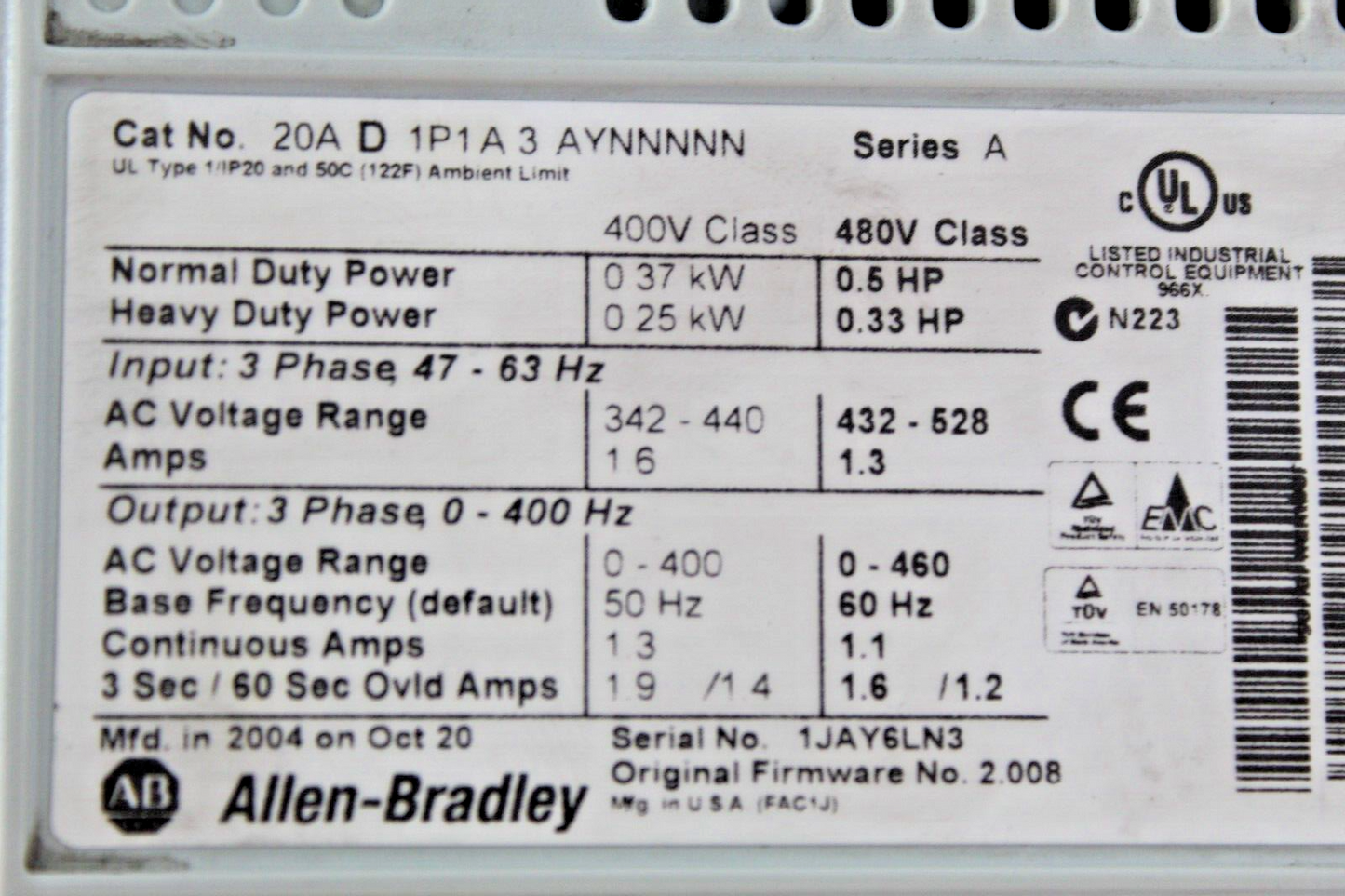 Allen-Bradley 20AD1P1A3AYNNNNN Powerflex 70 Drive