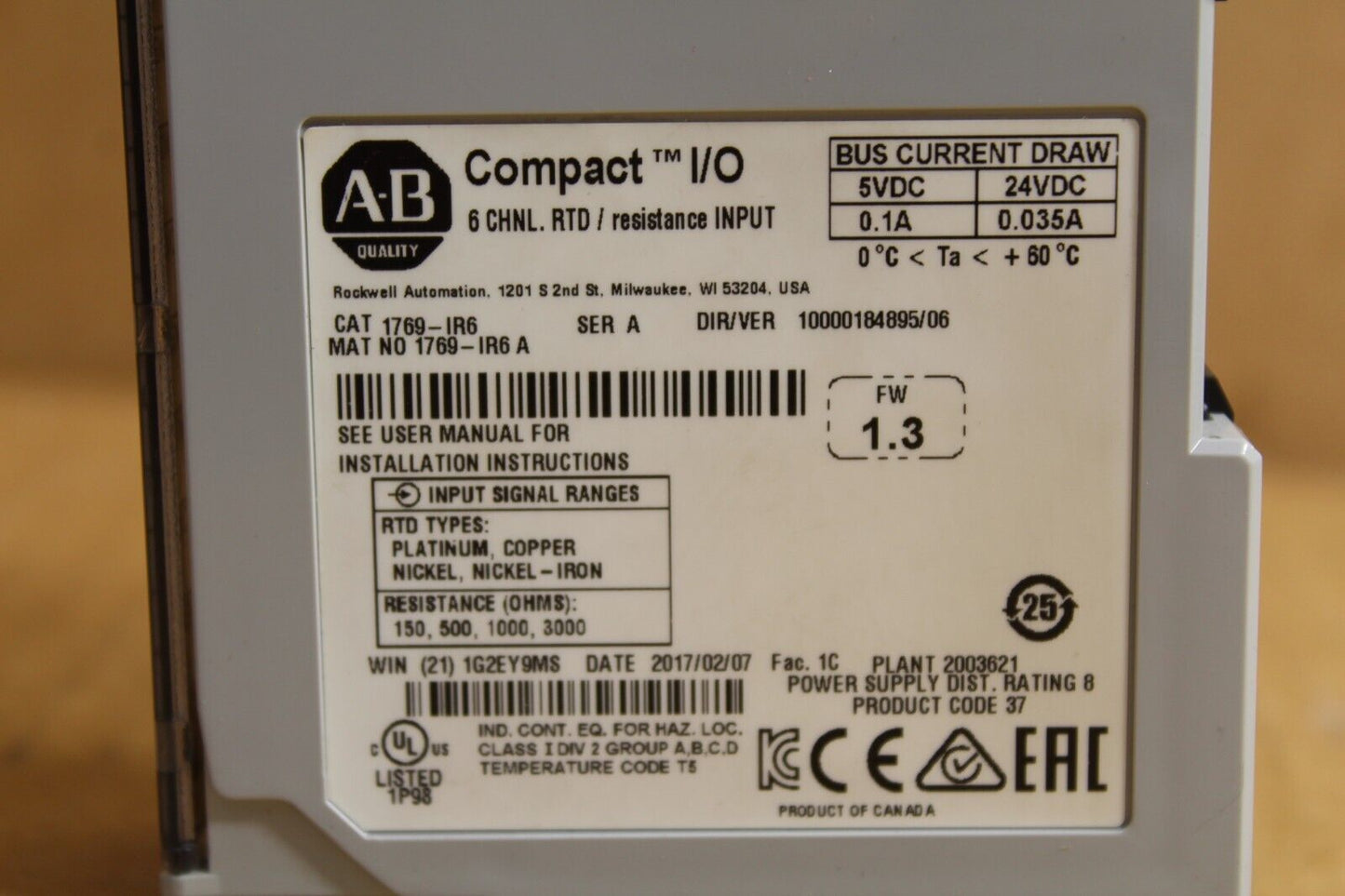 Allen-Bradley 1769-IR6 Compact I/O 6 Channel Input Resistance Module