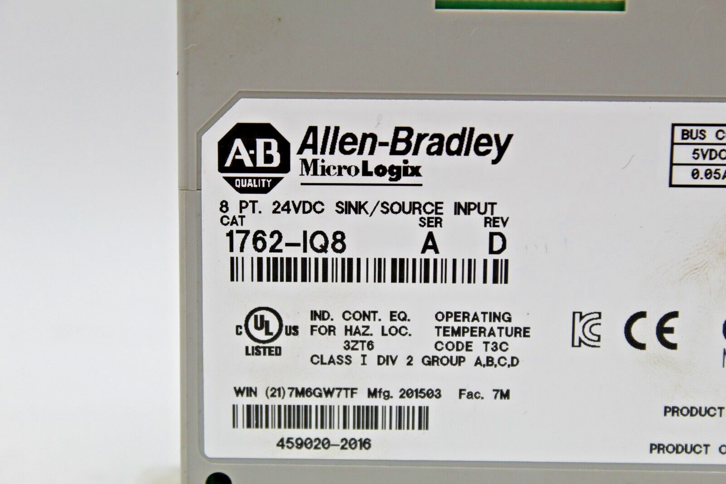 Allen-Bradley 1762-IQ8 MicroLogix 8 Pt. 24 VDC SINK/SOURCE Input Module *No Door