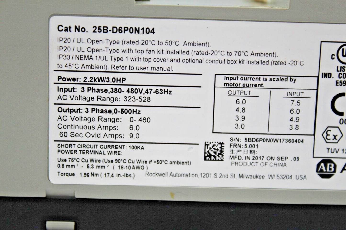 Allen-Bradley 25B-D6P0N104 Powerflex 525 Drive (No Cover)
