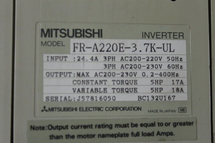 Mitsubishi FR-A220E-3.7K-UL FREQROL A200 Inverter W/ Cord