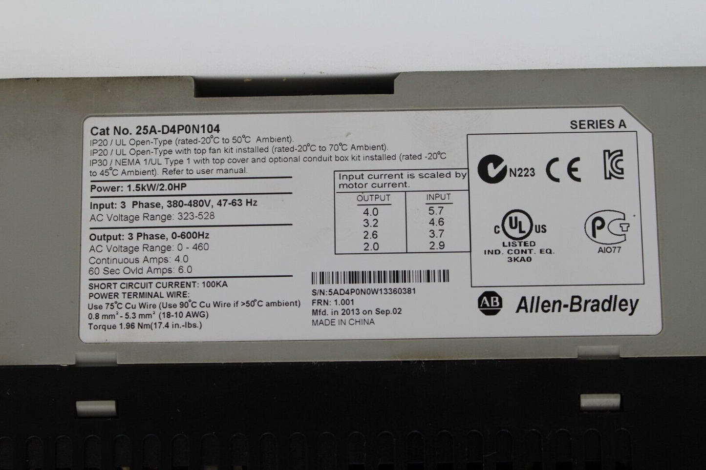 Allen-Bradley 25A-D4P0N104 Powerflex 523 AC Drive