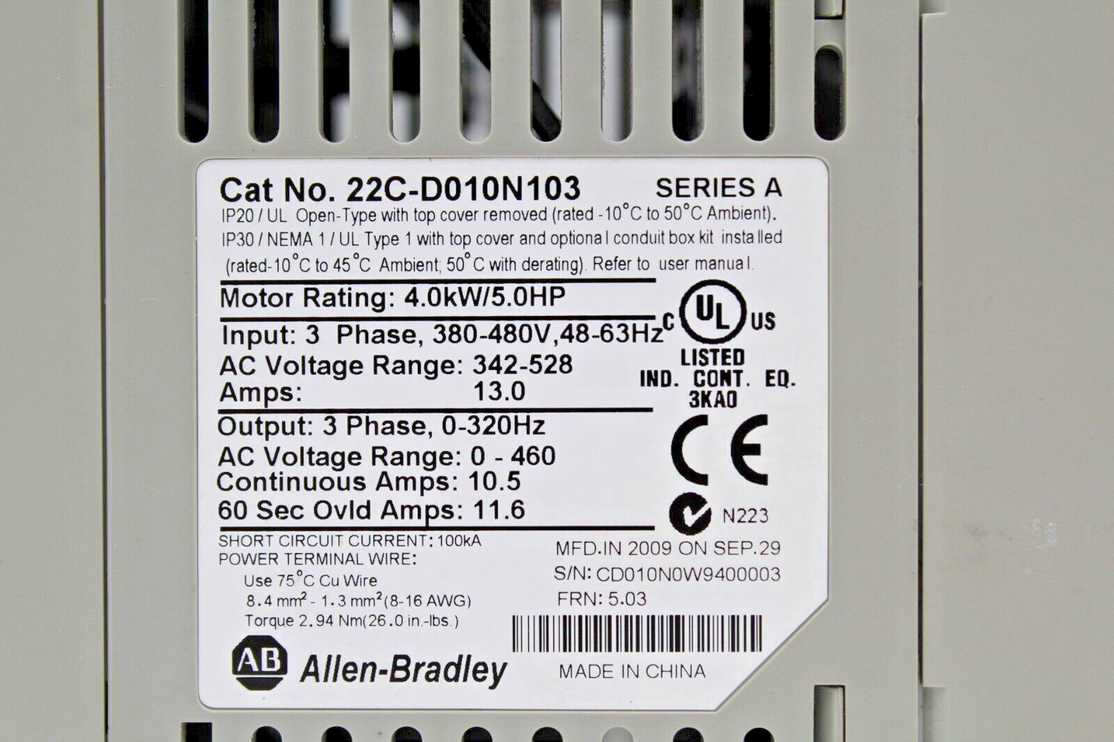 Allen-Bradley 22C-D010N103 Powerflex 400 AC Drive