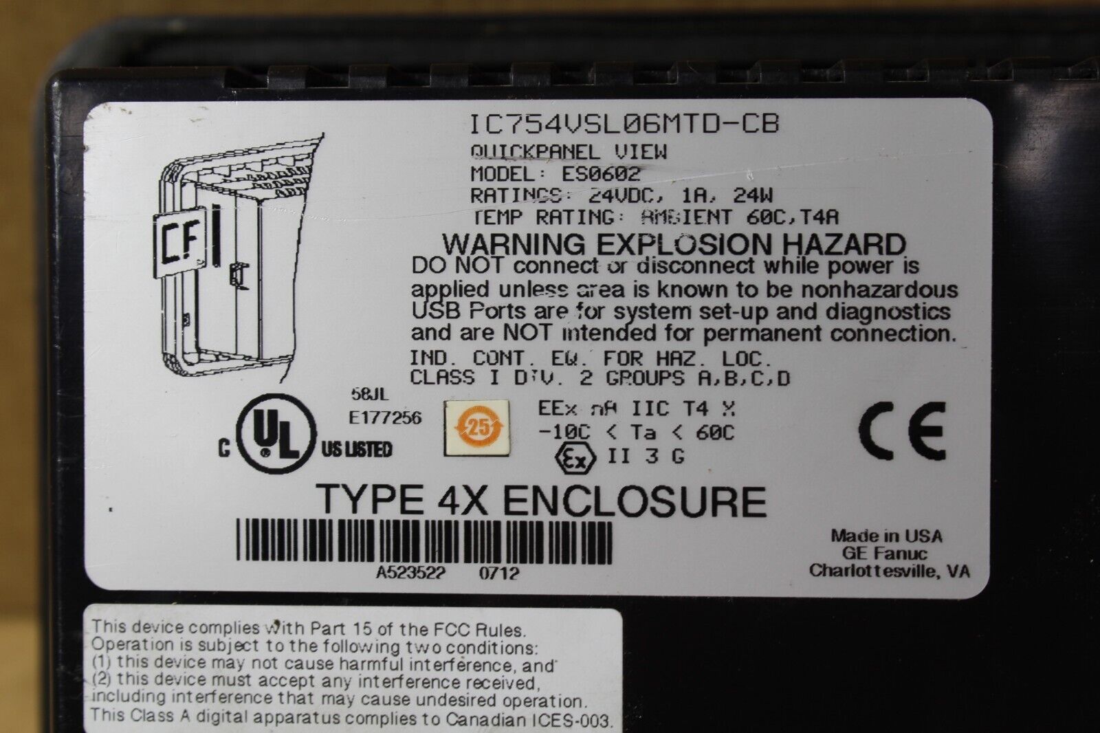 GE Fanuc IC754VSL06MTD-CB QuickView Panel