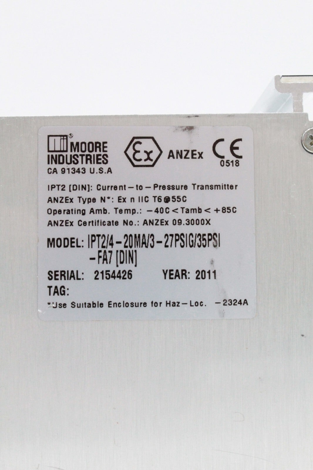 Moore Industries IPT2/4-20MA/3-27PSIG/35PSI-FA7 Pressure Transmitter