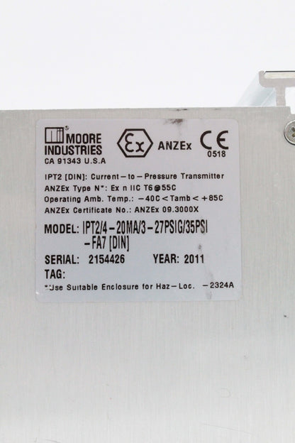 Moore Industries IPT2/4-20MA/3-27PSIG/35PSI-FA7 Pressure Transmitter