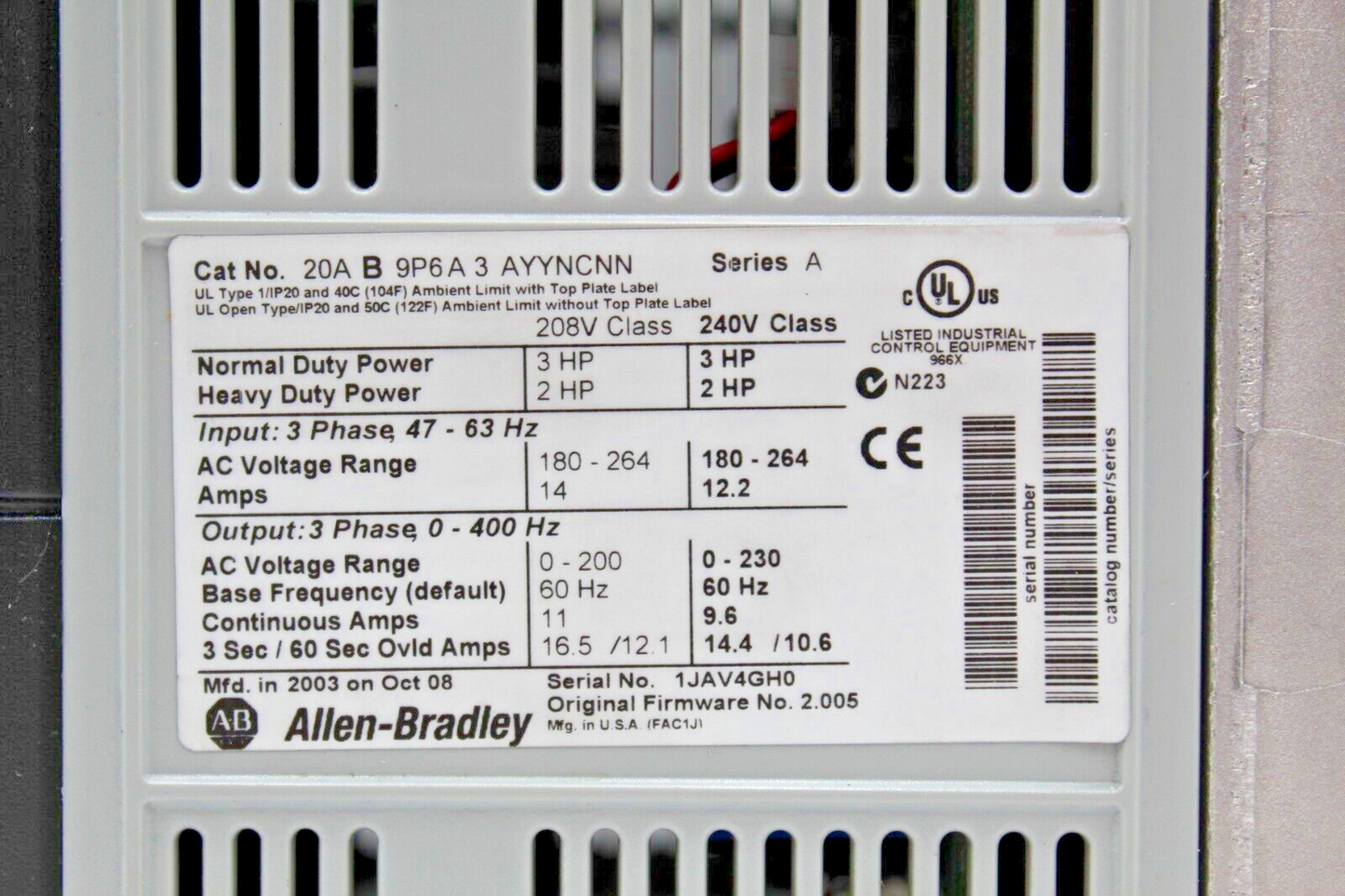 Allen-Bradley 20AB9P6A3AYYNCNN Powerflex 70 AC Drive