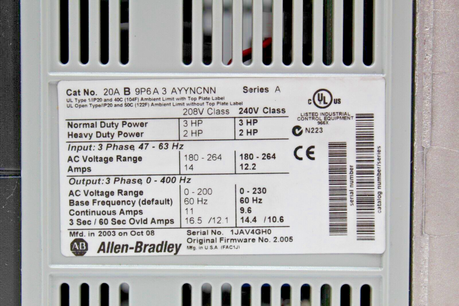 Allen-Bradley 20AB9P6A3AYYNCNN Powerflex 70 AC Drive