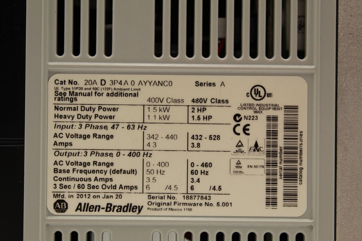 Allen-Bradley 20AD3P4A0AYYANC0 PowerFlex 70 Variable Frequency Drive