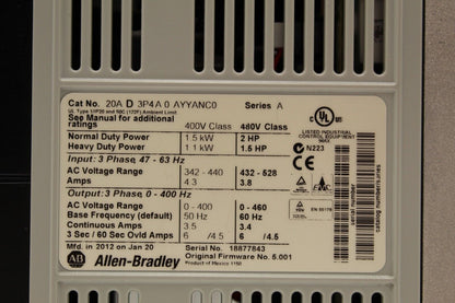 Allen-Bradley 20AD3P4A0AYYANC0 PowerFlex 70 Variable Frequency Drive