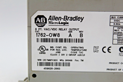 Allen-Bradley 1762-OW8 MicroLogix 8 Pt. VAC/VDC Relay Output Module (No Door)