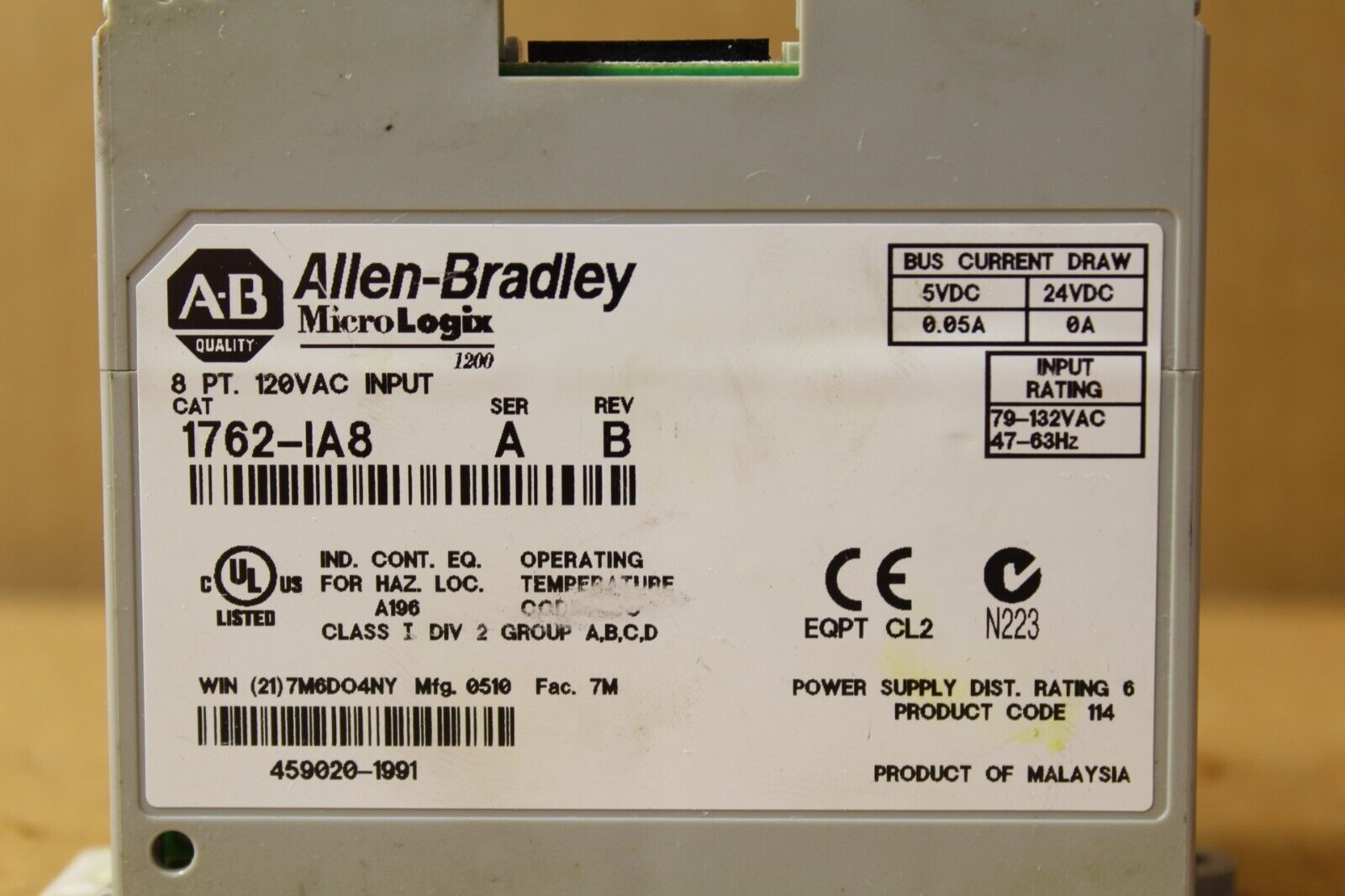 Allen-Bradley 1762-IA8 MicroLogix 8Pt. 120VAC Input Module (No Door)