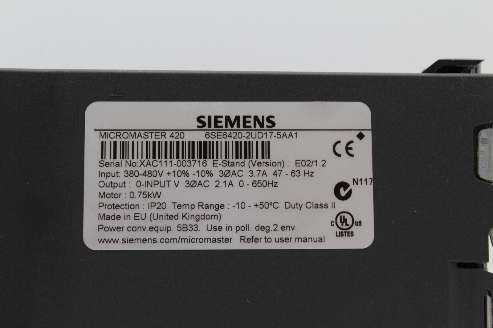 Siemens 6SE6420-2UD17-5AA1 Inverter Drive