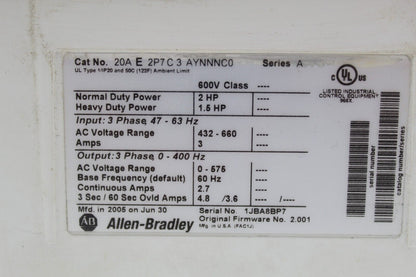 ALLEN BRADLEY 20AE2P7C3AYNNNC0 POWERFLEX 70