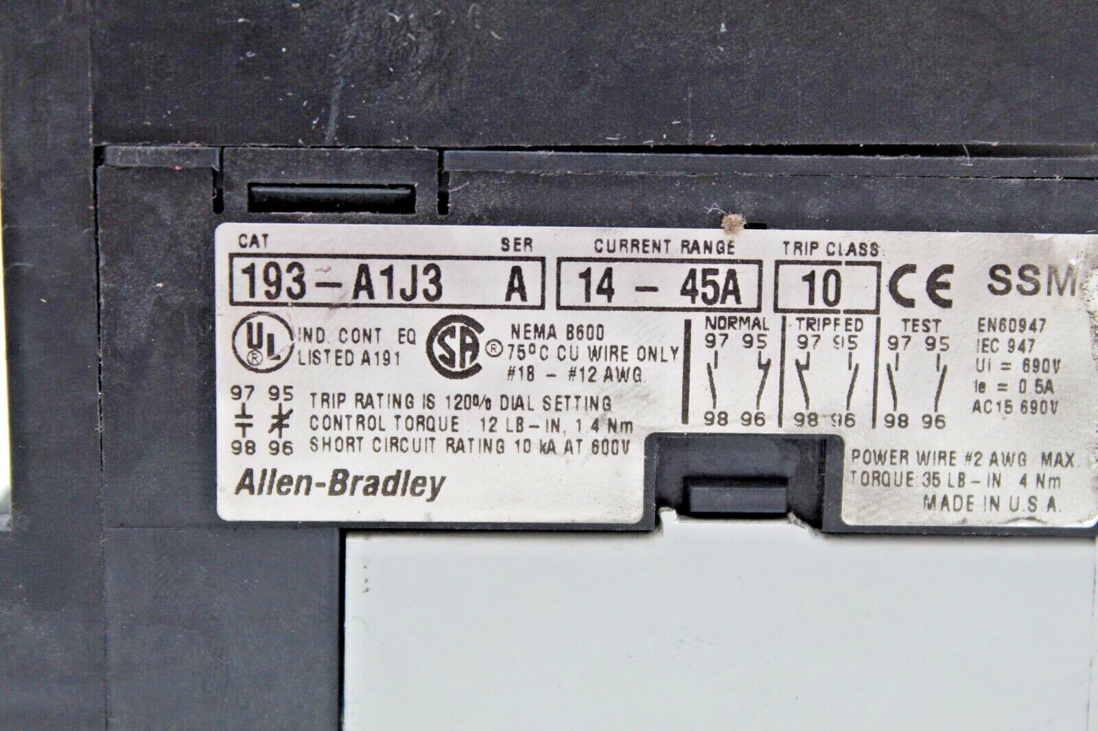 Allen-Bradley 592P-A1JC Overload Relay 193-A1J3