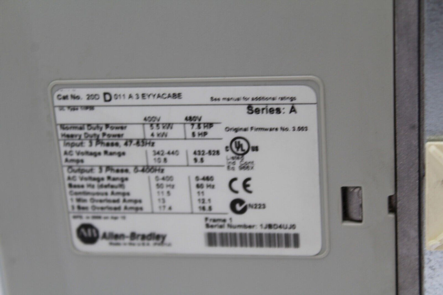 Allen-Bradley 20DD011A3EYYACABE PowerFlex 700s 3-Phase AC Drive (No Cover)