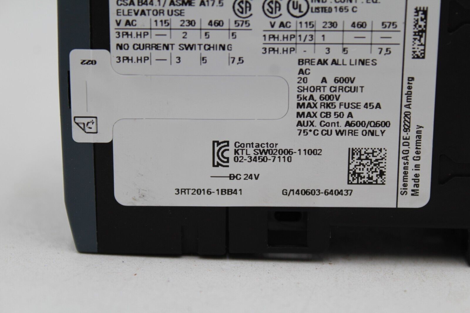 Siemens 3RT2016-1BB41 Contactor