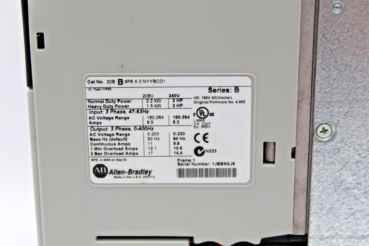 Allen-Bradley 20BB9P6A0NYYBCD1  PowerFlex 700 AC Drive