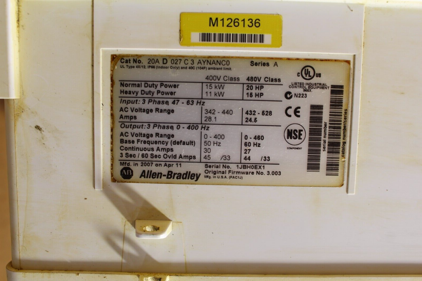 Allen-Bradley 20AD027C3AYNANC0 PowerFlex 70 Drive (S)