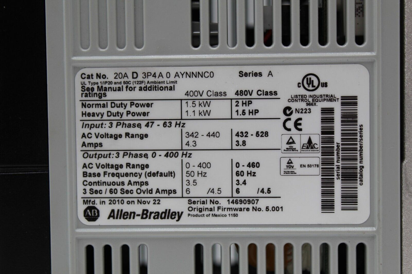 Allen-Bradley 20AD3P4A0AYNNNC0 Powerflex 70 AC Drive