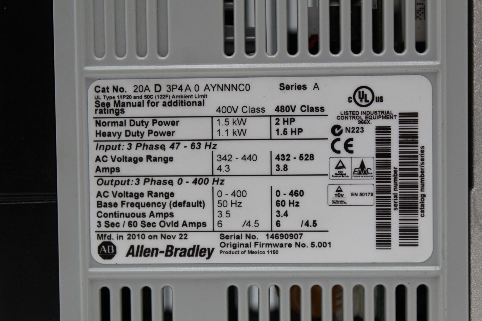 Allen-Bradley 20AD3P4A0AYNNNC0 Powerflex 70 AC Drive