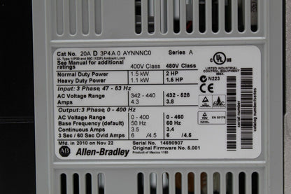 Allen-Bradley 20AD3P4A0AYNNNC0 Powerflex 70 AC Drive