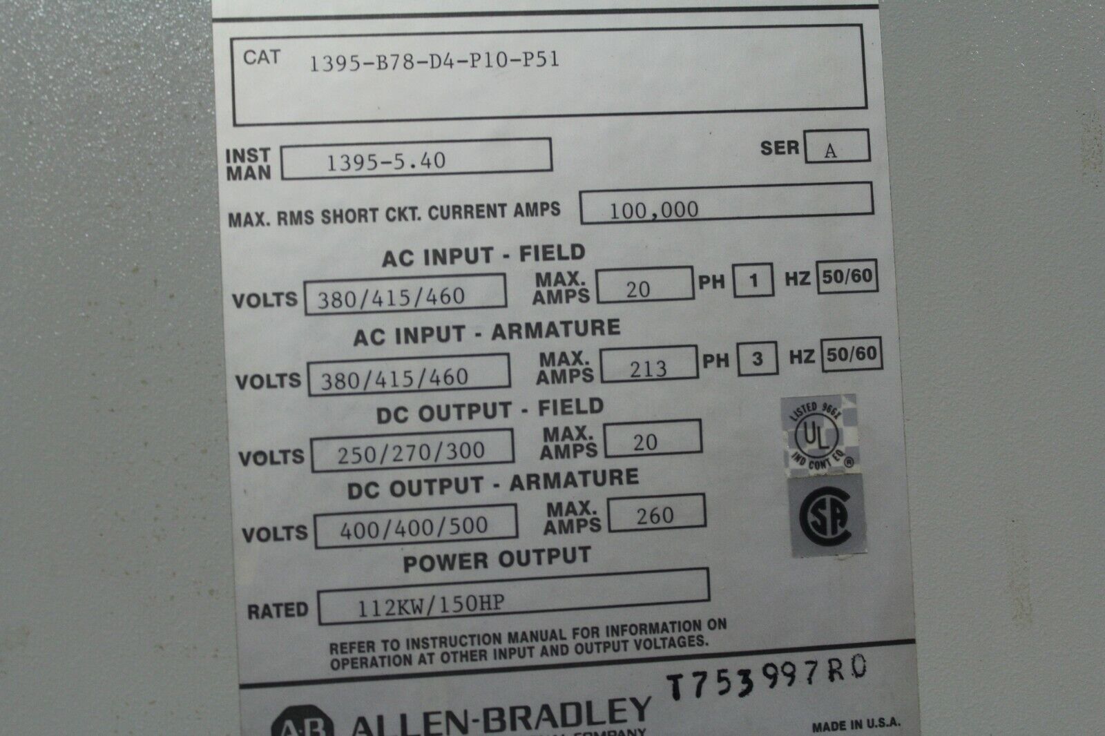 Allen Bradley 1395-B78-D4-P10-P51 Drive