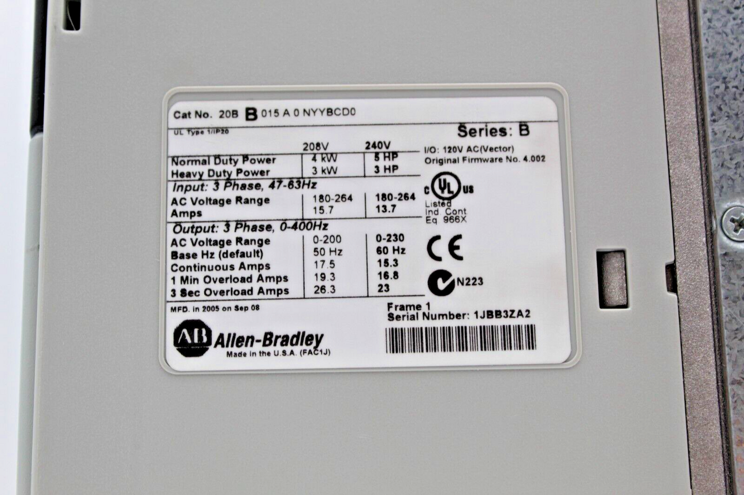 Allen-Bradley 20BB015A0NYYBCD0 PowerFlex 700 AC Drive